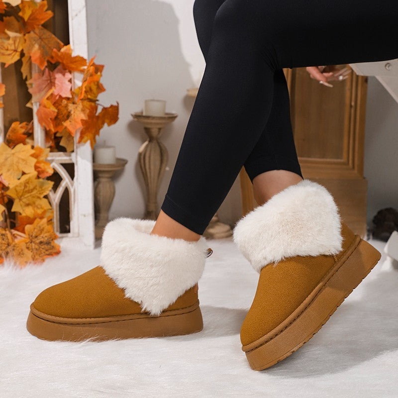 Winter Plush Snow Boots Fashion Round Toe Flat Thickened Suede Cotton Shoes For Women Casual Warm Short Boot