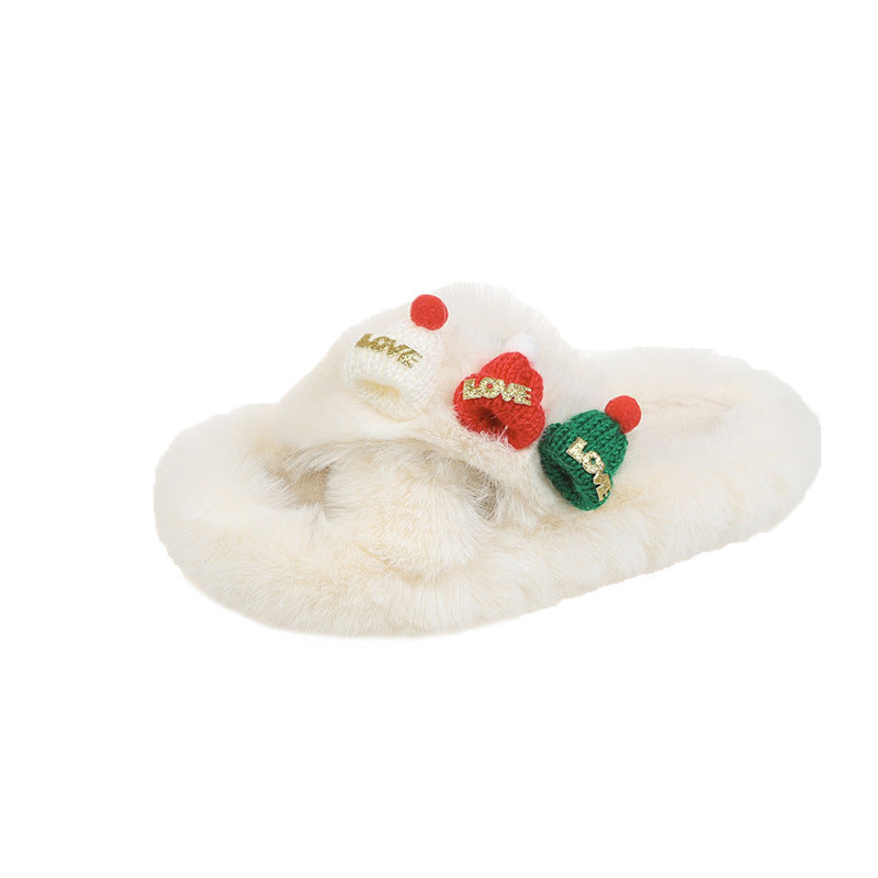 Christmas Hat Fluffy Slippers Women's Warm Toe Covering Cotton Slippers