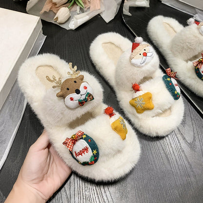 Women's Suede Cute Christmas Cartoon Cotton Slippers