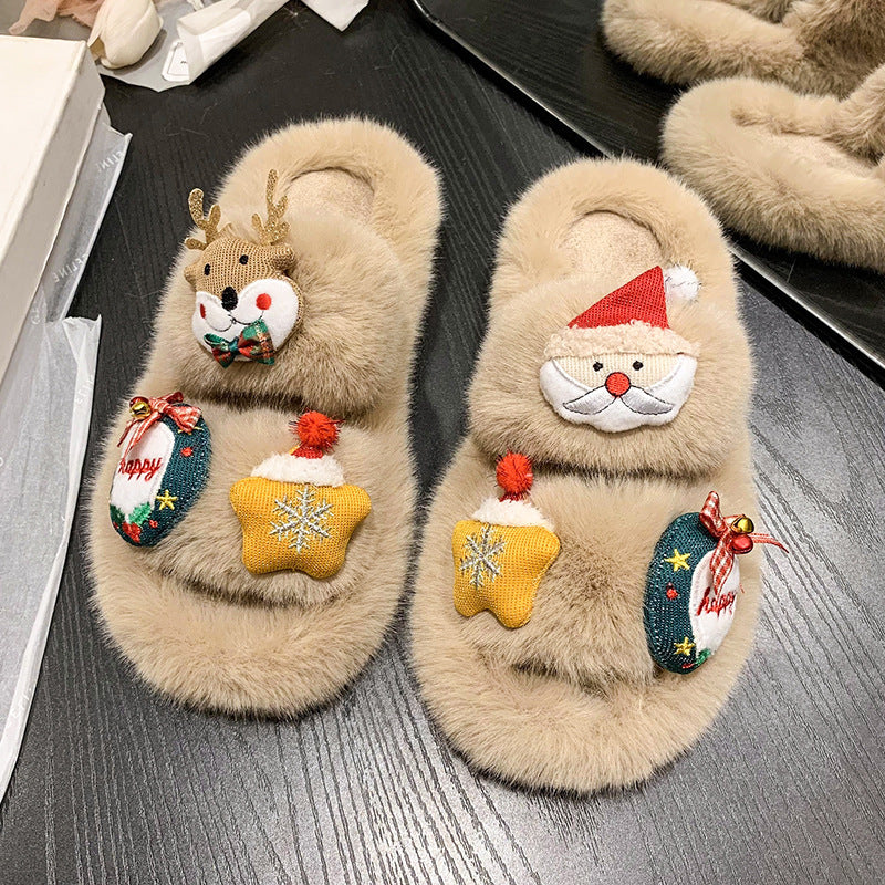 Women's Suede Cute Christmas Cartoon Cotton Slippers