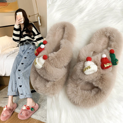 Christmas Hat Fluffy Slippers Women's Warm Toe Covering Cotton Slippers