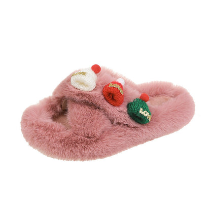 Christmas Hat Fluffy Slippers Women's Warm Toe Covering Cotton Slippers