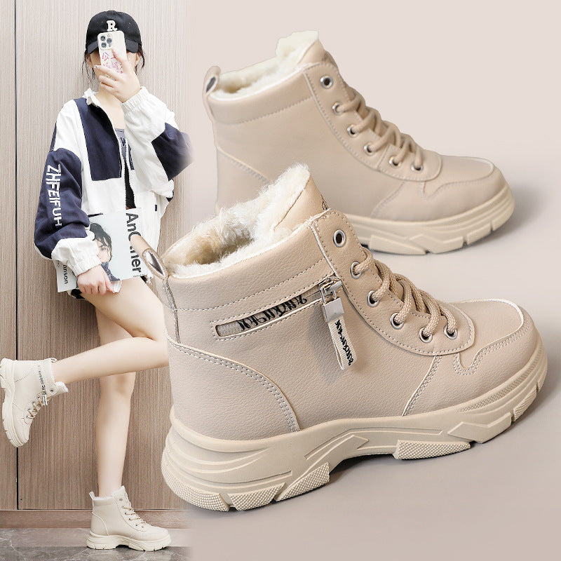 Fleece-lined Warm High-top Platform Side Zipper Student Height Increasing Cotton Shoes