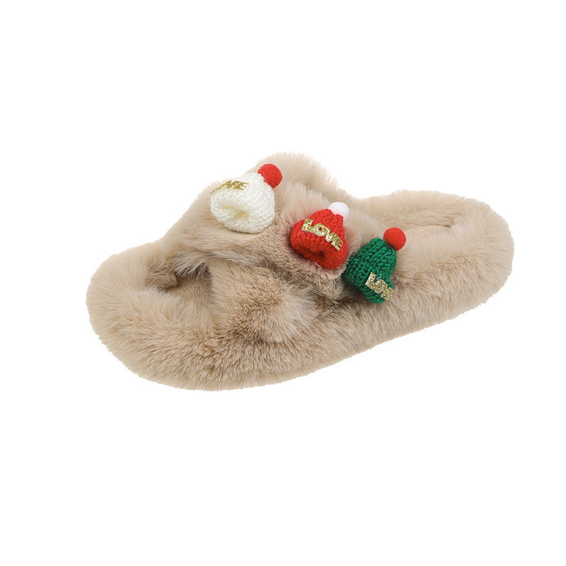 Christmas Hat Fluffy Slippers Women's Warm Toe Covering Cotton Slippers