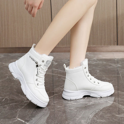 Fleece-lined Warm High-top Platform Side Zipper Student Height Increasing Cotton Shoes